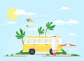 Vector illustration of Surfing bus on palm beach, summer concept. Vintage yellow trailer with surfing board, trip