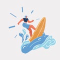 Vector illustration of Surfing. Woman in swimwear in sea or ocean. Surfer in beachwear with surfboards on the waves