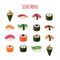 Vector illustration of sushi - asian food with fish, rice, seaweed, caviar, salmon.