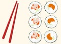 Vector illustration. Sushi of traditional Japanese food. Set of sushi with salmon and shrimps, near wooden sticks