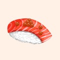 Vector illustration of sushi with tuna, caviar and rice. Traditional Japanese cuisine for stickers, web, website, menu