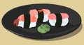 Vector illustration of sushi with with tuna, salmon, shrimp and wasabi on dark plate