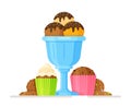 Vector illustration of a sweet concept consisting of ice cream in a blue glass, cupcakes, cookies.