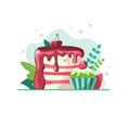 Vector illustration of sweet cupcake decorated strawberry and piece of cherry cake with icing