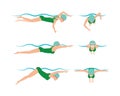 Vector illustration of swimming style scheme different swimmers man and woman in pool sport exercise.