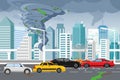 Vector illustration of swirling tornado and flood, thunderstorm in big modern city with skyscrapers. Hurricane in city