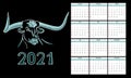 Vector illustration of the symbol of the new 2021. Silhouette of a bulls muzzle with long horns in blue and turquoise