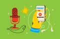 Vector illustration symbolizing podcasting, radio shows, audio online broadcasts. Microphones, headphones, music