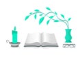 Vector illustration of a table with a book, a candle and a jug with a plant.