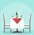 Vector illustration of table in restaurant with bottle and glasses of wine. Reserved table in modern cafe, with