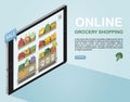 Vector illustration of a tablet in isometry. online sale and delivery of food, vegetables and fruits. Image for a web