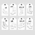 Illustration of Tags set with hand drawn shoes,. Graphic footwear for action on shop. Doodle and drawing design.