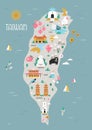 Vector illustration of Taiwan map with famius symbols, landmarks, animals.