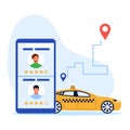 Vector illustration of taxi apps. Cartoon scene taxi which on the map shows the route to the customer on white