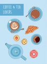 Vector illustration with tea and coffee cups, cookies and pastry Royalty Free Stock Photo