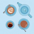 Vector illustration with tea and coffee cups, and tea pot Royalty Free Stock Photo