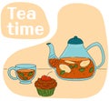 Vector illustration of tea party set, tea time made of tea pot, cups and muffin