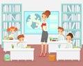 Vector illustration of teacher in classroom with kids. Teacher with children in elementary school class, preschool Royalty Free Stock Photo
