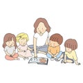 Vector illustration of teacher & little students reading books together. Early childhood development, learning & education Royalty Free Stock Photo