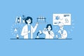 Vector illustration of a teacher and two students dressed in white coats participating in a laboratory experiment. Entertaining Royalty Free Stock Photo