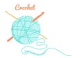 Vector illustration of teal blue yarn ball, crochet chain and crochet hooks in simple style. Needlework pattern, knitting stuff. Royalty Free Stock Photo