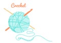 Vector illustration of teal blue yarn ball, crochet chain and crochet hooks in simple style. Needlework pattern, knitting stuff.