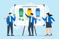 Vector illustration of team working on whiteboard with sustainability plan and sticky notes environmental strategy Royalty Free Stock Photo