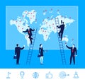 Vector illustration of teamwork. Business team make marks on the map