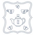 Vector illustration with teapot and two cups of tea with gender signs, butterflies. Tea for two. Happy Valentine's Day. Design fo Royalty Free Stock Photo