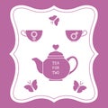 Vector illustration with teapot and two cups of tea with gender signs, butterflies. Tea for two. Happy Valentine's Day. Design fo Royalty Free Stock Photo