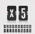 Vector illustration template. Flip number and symbol scoreboard on transparent background. Analog countdown number font
