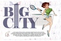 Vector Illustration. Template flyers. Beutiful girl playing tennis