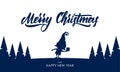 Template for greeting card. Silhouette of elf with gift and hand lettering of Merry Christmas