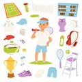 Vector illustration tennis player and game symbols