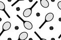 Vector illustration of a tennis seamless pattern. Black and white sports background with a racket and balls Royalty Free Stock Photo