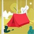 Vector illustration Tent of camping. view on mountains. Leaves. nature forest background