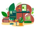 Vector illustration with test tubes, gadgets and science characters in a biological research center. Plant breeding and cultivatio