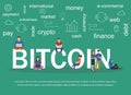 Vector illustration of text Bitcoin with young people using laptops and smartphones
