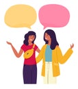 Vector illustration with text bubbles, flat style. Girlfriends communicate, share news, rejoice. Cartoon flat style.