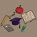 Set on a school theme. Vector illustration of a textbook, calculator, apple and pencil set on a school theme Royalty Free Stock Photo