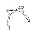 Vector illustration of textile or paper ribbon bowknot on white background. Black outline, graphic drawing in curves