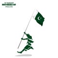 14th August Independence day of Pakistan. Rejoicing boy jumping with Pakistan flag in hand