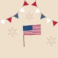 Vector illustration 4th of July independence day greeting card with American flag banner garland bunting decoration fireworks