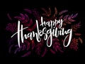 Vector illustration of thanksgiving greeting hand lettering label - thanksgiving- with doodle brunches and leaves