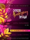 Vector illustration of thanksgiving party poster with hand lettering label - happy thanksgiving - with bright autumn