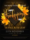Vector illustration of thanksgiving party poster with hand lettering label - thanksgiving - with yellow autumn doodle