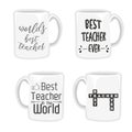 Vector illustration of thanksgiving teacher. 4 white mugs with inscriptions in different styles