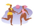 Vector illustration on the theme of body positive, beach holiday. two joyful girls in bathing suits play ball.