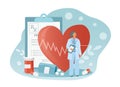 Vector illustration on the theme of cardiology, heart health. doctor, big heart, cardiogram, prescription, tablets and pills