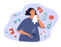 Vector illustration on the theme of common cold, treatment in flat style. the girl blows her nose into a handkerchief